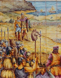 Tegels die de ontscheping van Hamilcar en zijn zoon Hannibal bij Akra Leuce tijdens de Eerste Punische Oorlog afbeelden